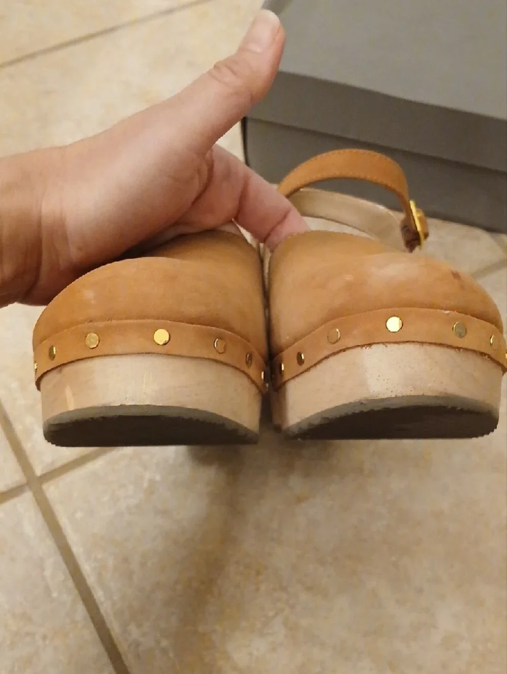 LOFT Cognac Leather Platform Clog Sandals with Ankle Strap